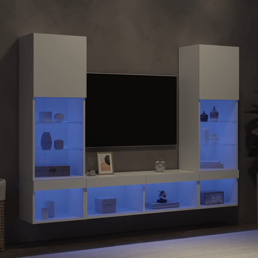 5-Delige Tv-Wandmeubelset Met Led-Verlichting Bewerkt Hout Wit