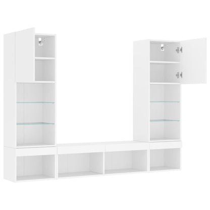 5-Delige Tv-Wandmeubelset Met Led-Verlichting Bewerkt Hout Wit