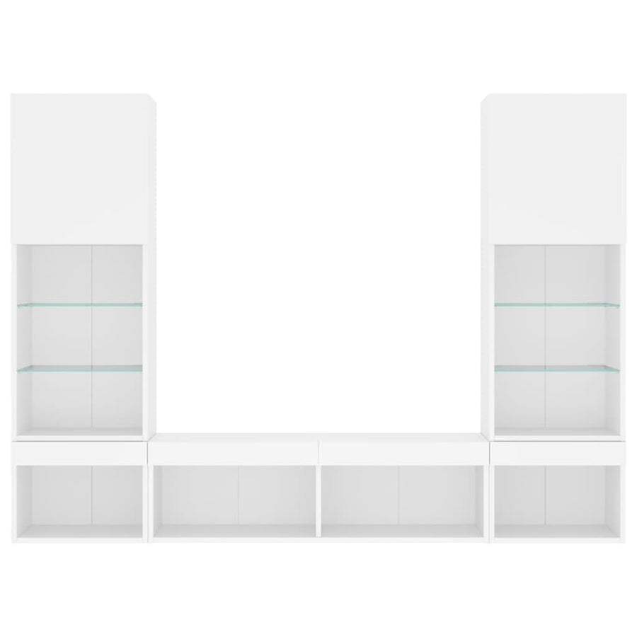 5-Delige Tv-Wandmeubelset Met Led-Verlichting Bewerkt Hout Wit