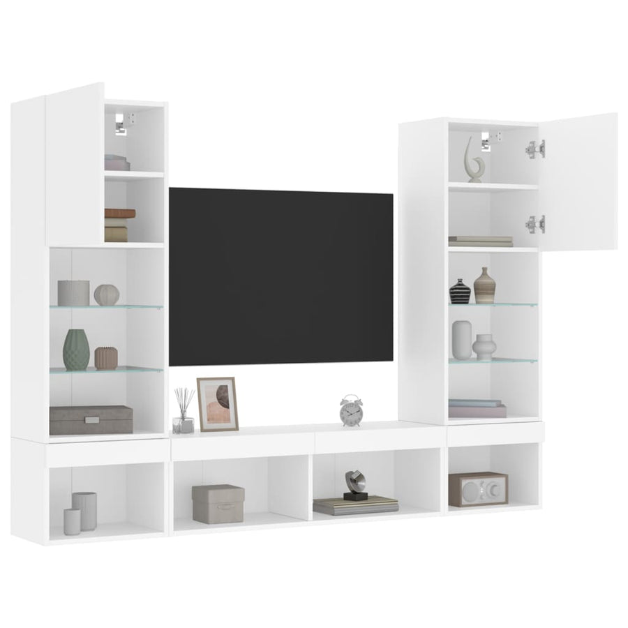 5-Delige Tv-Wandmeubelset Met Led-Verlichting Bewerkt Hout Wit