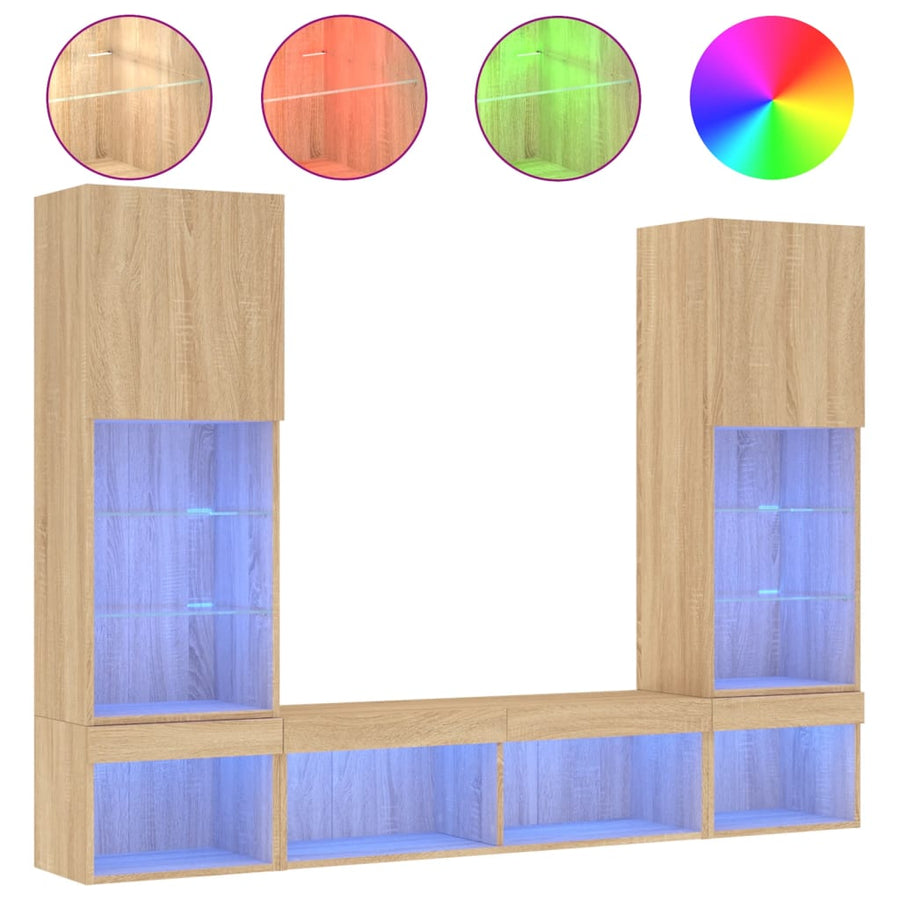 5-Delige Tv-Wandmeubelset Met Led Bewerkt Hout Sonoma eiken