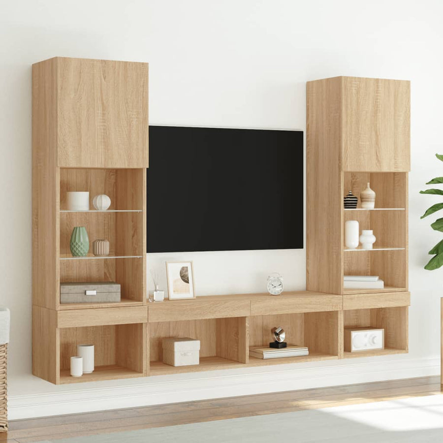 5-Delige Tv-Wandmeubelset Met Led Bewerkt Hout Sonoma eiken