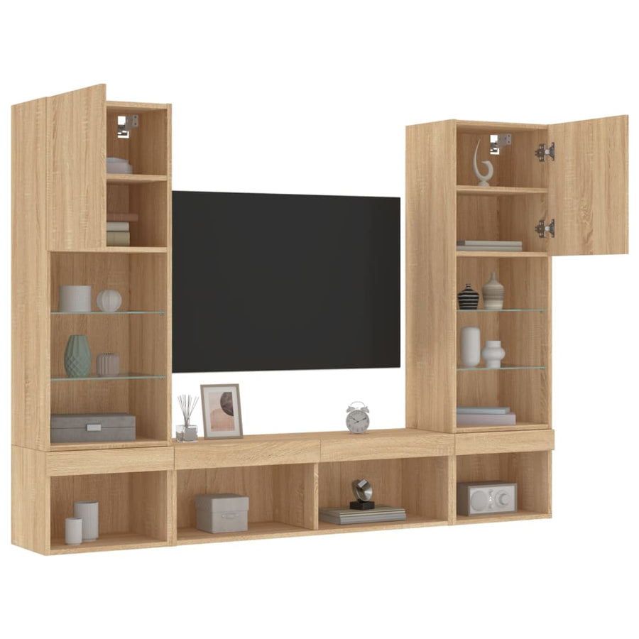 5-Delige Tv-Wandmeubelset Met Led Bewerkt Hout Sonoma eiken