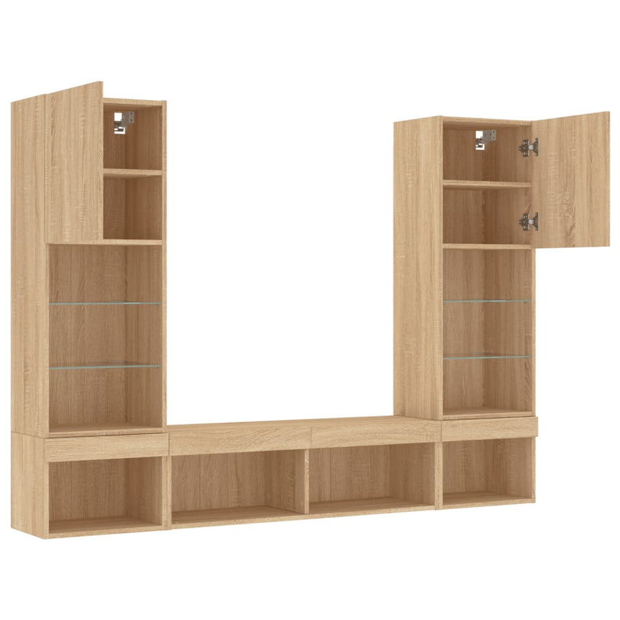 5-Delige Tv-Wandmeubelset Met Led Bewerkt Hout Sonoma eiken