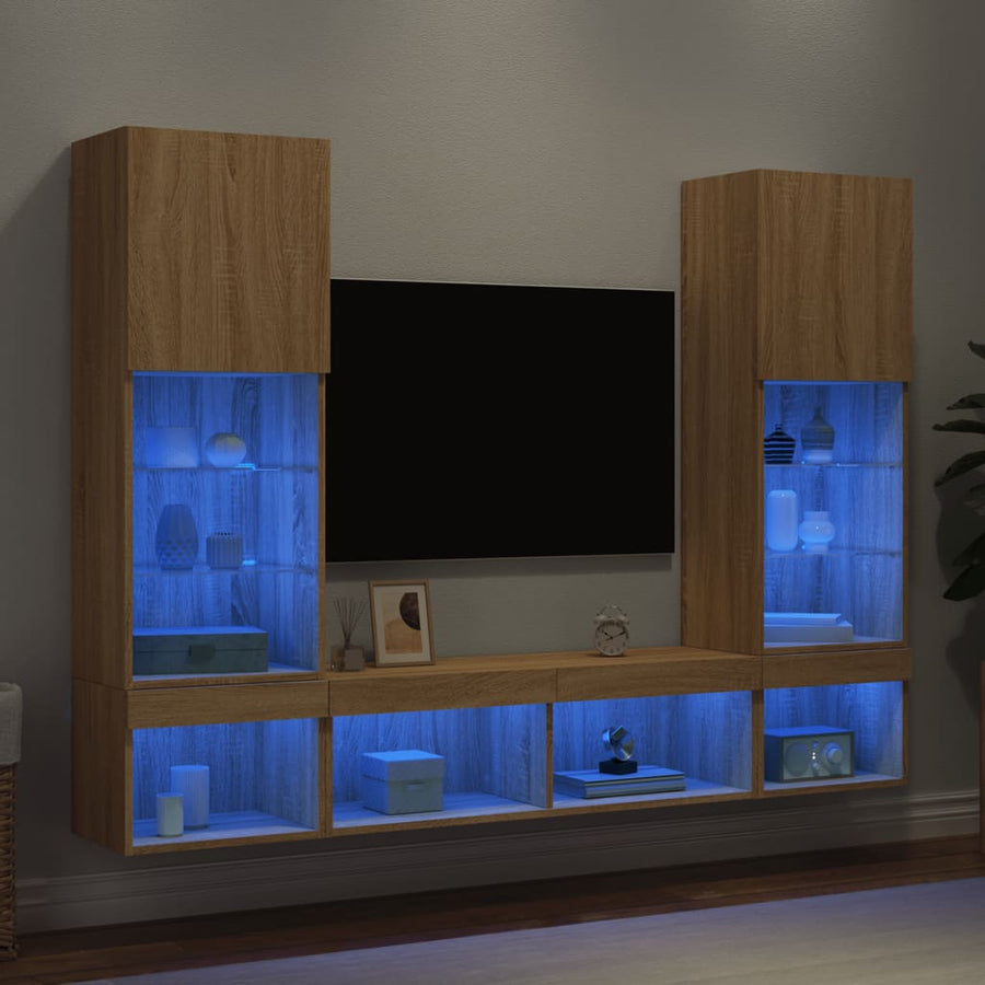 5-Delige Tv-Wandmeubelset Met Led Bewerkt Hout Sonoma eiken