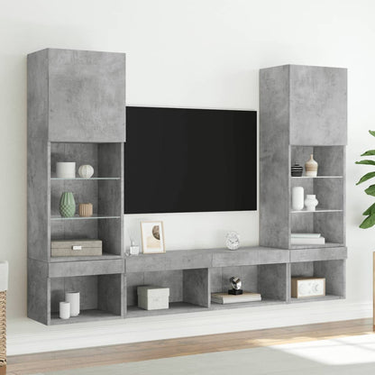 5-Delige Tv-Wandmeubelset Met Led Bewerkt Hout Betongrijs