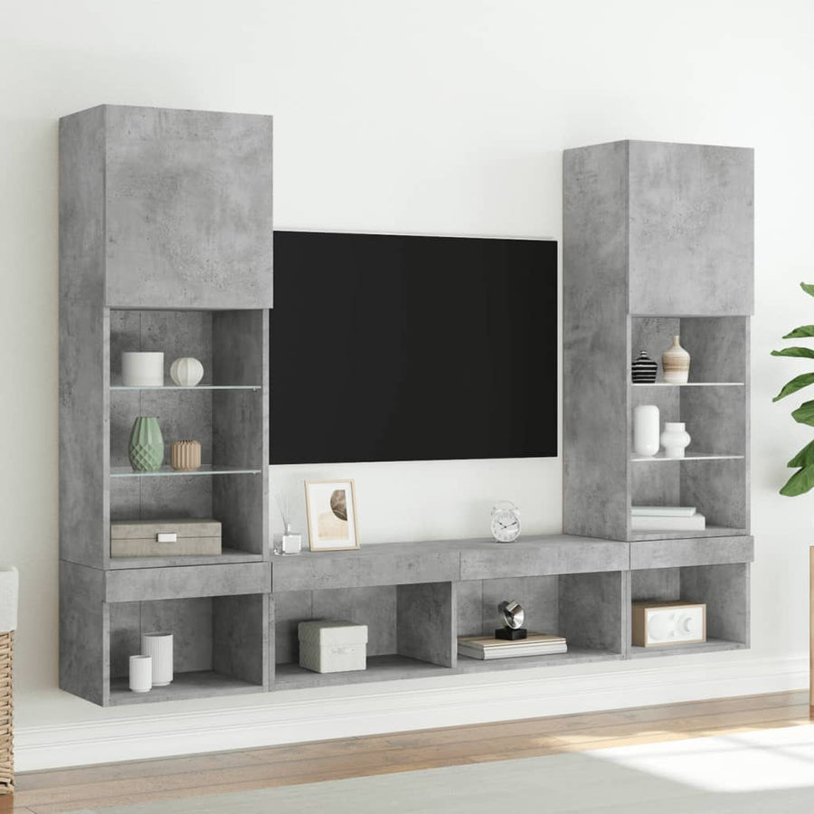 5-Delige Tv-Wandmeubelset Met Led Bewerkt Hout Betongrijs