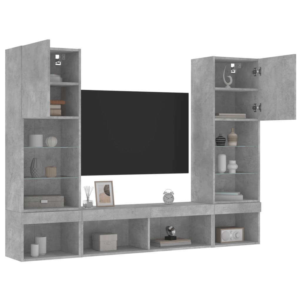 5-Delige Tv-Wandmeubelset Met Led Bewerkt Hout Betongrijs