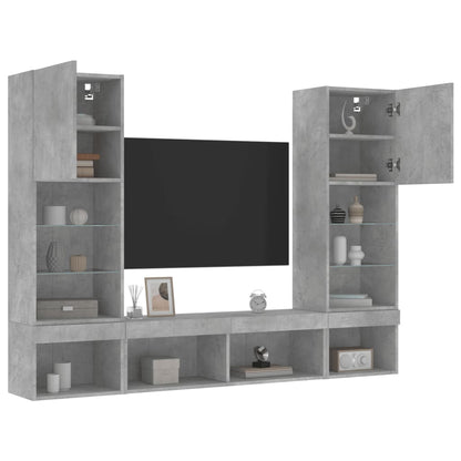 5-Delige Tv-Wandmeubelset Met Led Bewerkt Hout Betongrijs