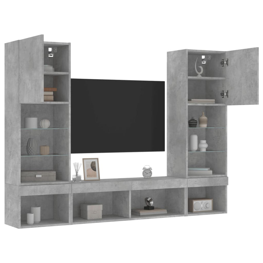 5-Delige Tv-Wandmeubelset Met Led Bewerkt Hout Betongrijs