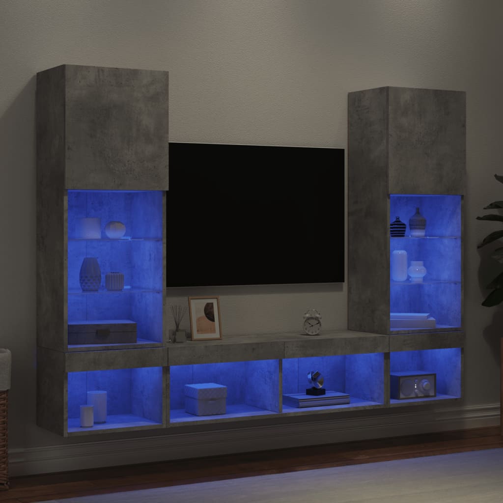 5-Delige Tv-Wandmeubelset Met Led Bewerkt Hout Betongrijs