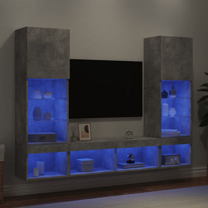 5-Delige Tv-Wandmeubelset Met Led Bewerkt Hout Betongrijs