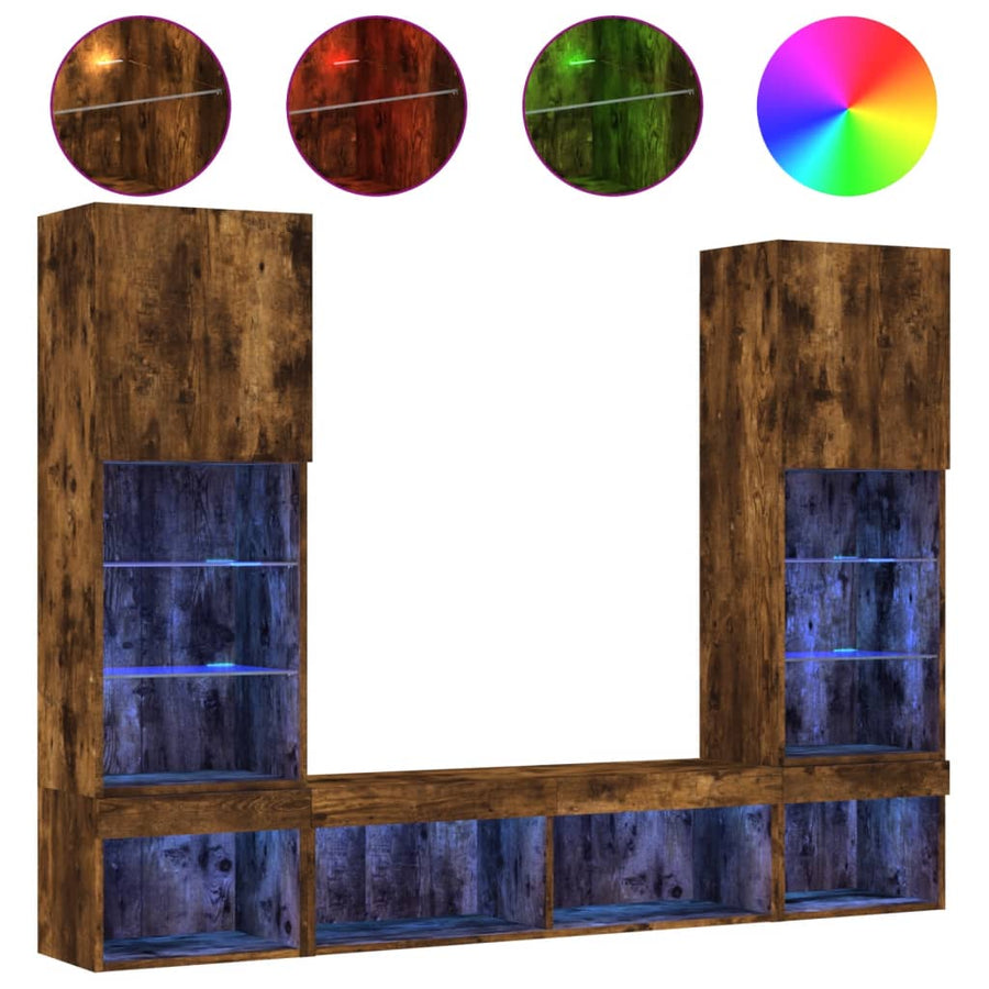 5-Delige Tv-Wandmeubelset Met Led Bewerkt Hout Gerookt eiken