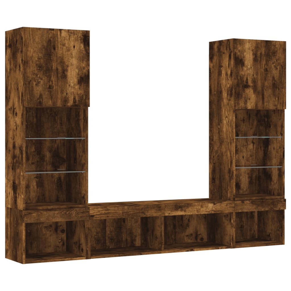 5-Delige Tv-Wandmeubelset Met Led Bewerkt Hout Gerookt eiken