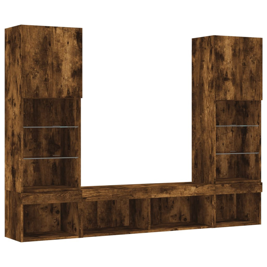 5-Delige Tv-Wandmeubelset Met Led Bewerkt Hout Gerookt eiken
