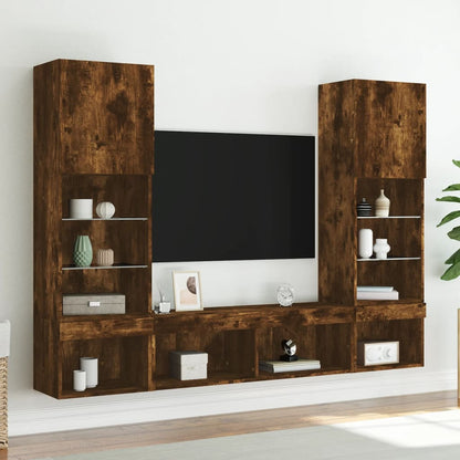 5-Delige Tv-Wandmeubelset Met Led Bewerkt Hout Gerookt eiken