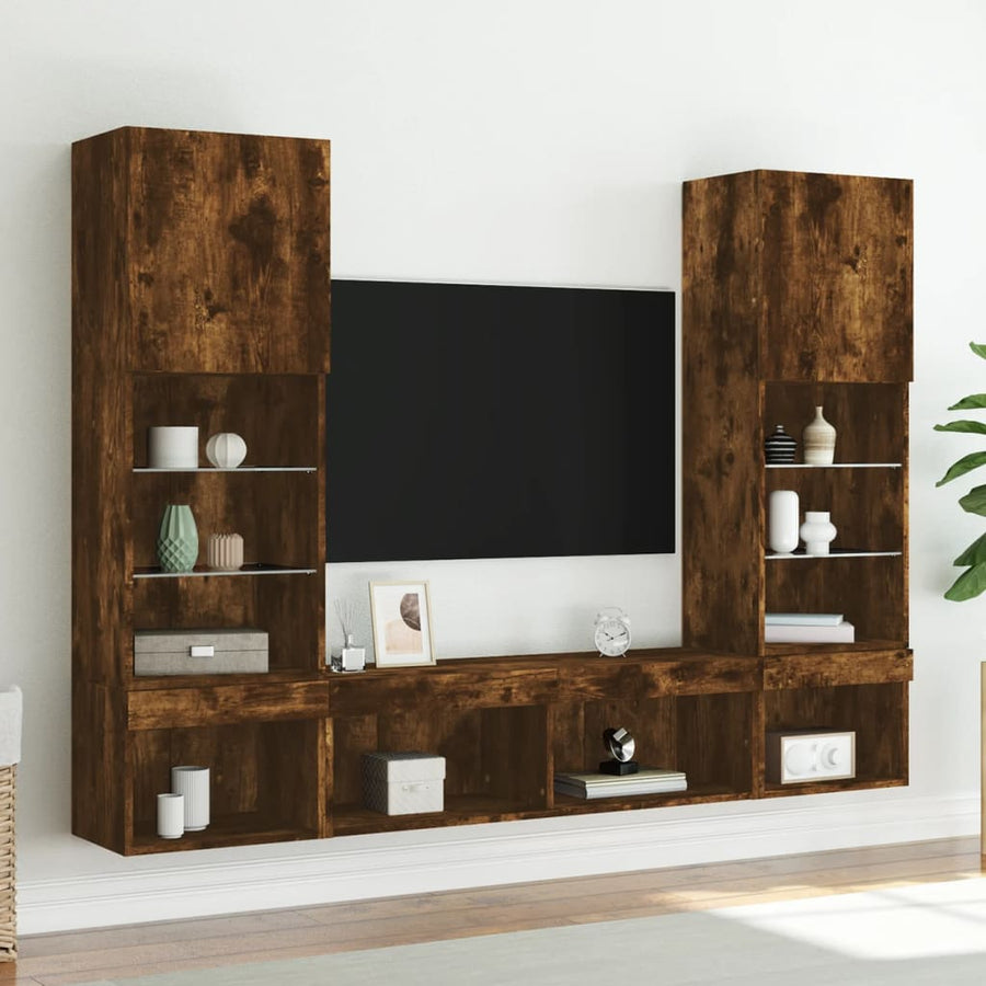 5-Delige Tv-Wandmeubelset Met Led Bewerkt Hout Gerookt eiken