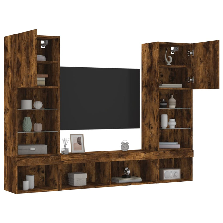 5-Delige Tv-Wandmeubelset Met Led Bewerkt Hout Gerookt eiken