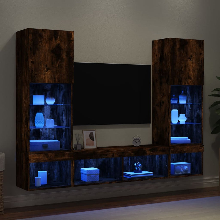 5-Delige Tv-Wandmeubelset Met Led Bewerkt Hout Gerookt eiken