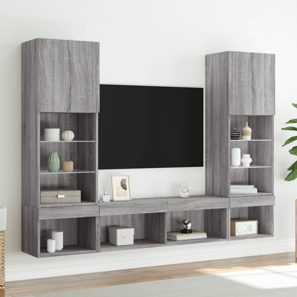 5-delige Tv-wandmeubelset met LED grijs sonoma eikenkleurig