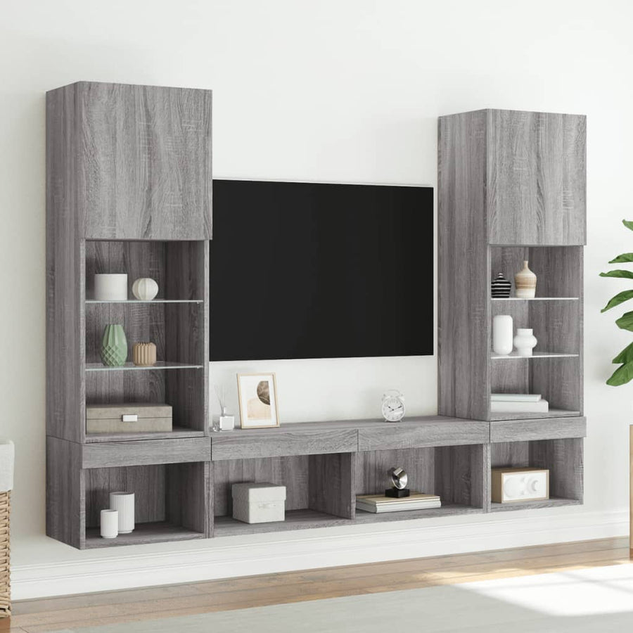 5-delige Tv-wandmeubelset met LED grijs sonoma eikenkleurig