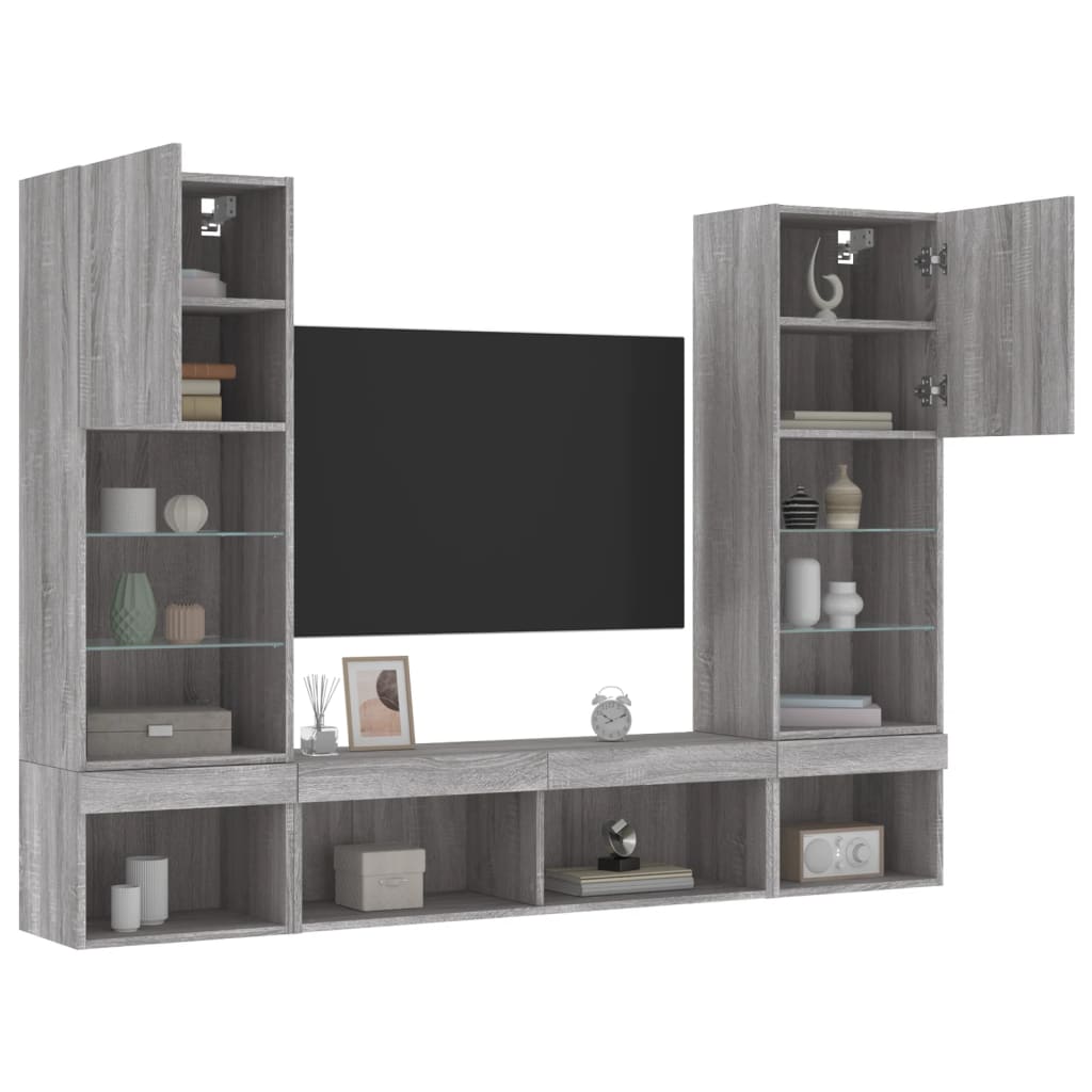 5-delige Tv-wandmeubelset met LED grijs sonoma eikenkleurig