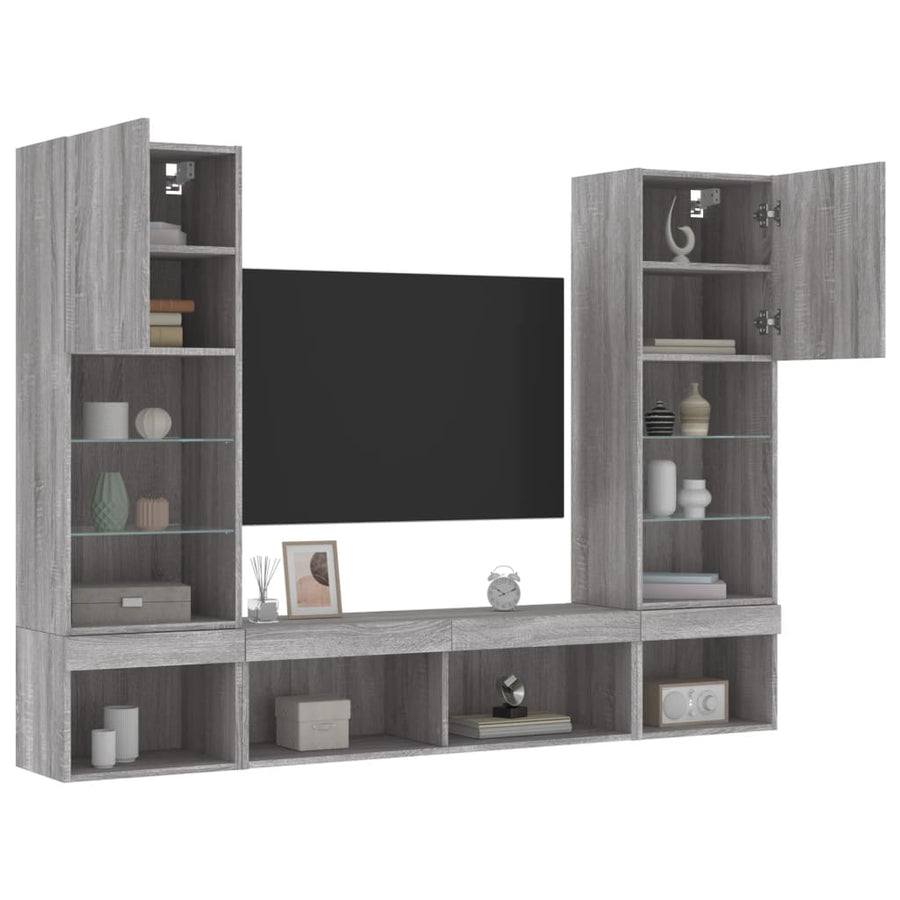 5-delige Tv-wandmeubelset met LED grijs sonoma eikenkleurig
