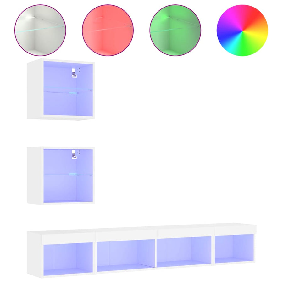 5-Delige Tv-Wandmeubelset Met Led-Verlichting Bewerkt Hout Wit