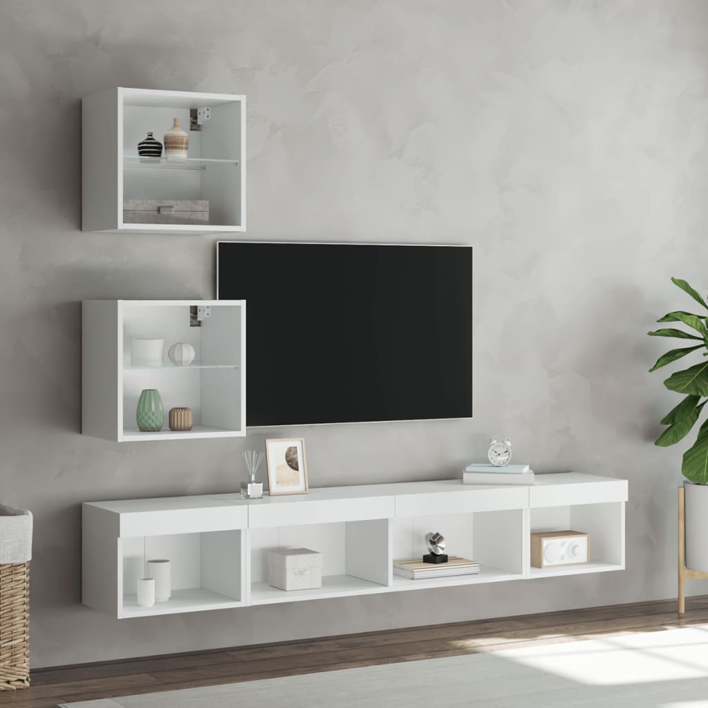 5-Delige Tv-Wandmeubelset Met Led-Verlichting Bewerkt Hout Wit