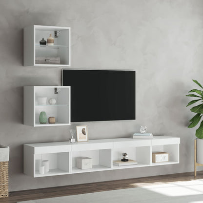 5-Delige Tv-Wandmeubelset Met Led-Verlichting Bewerkt Hout Wit
