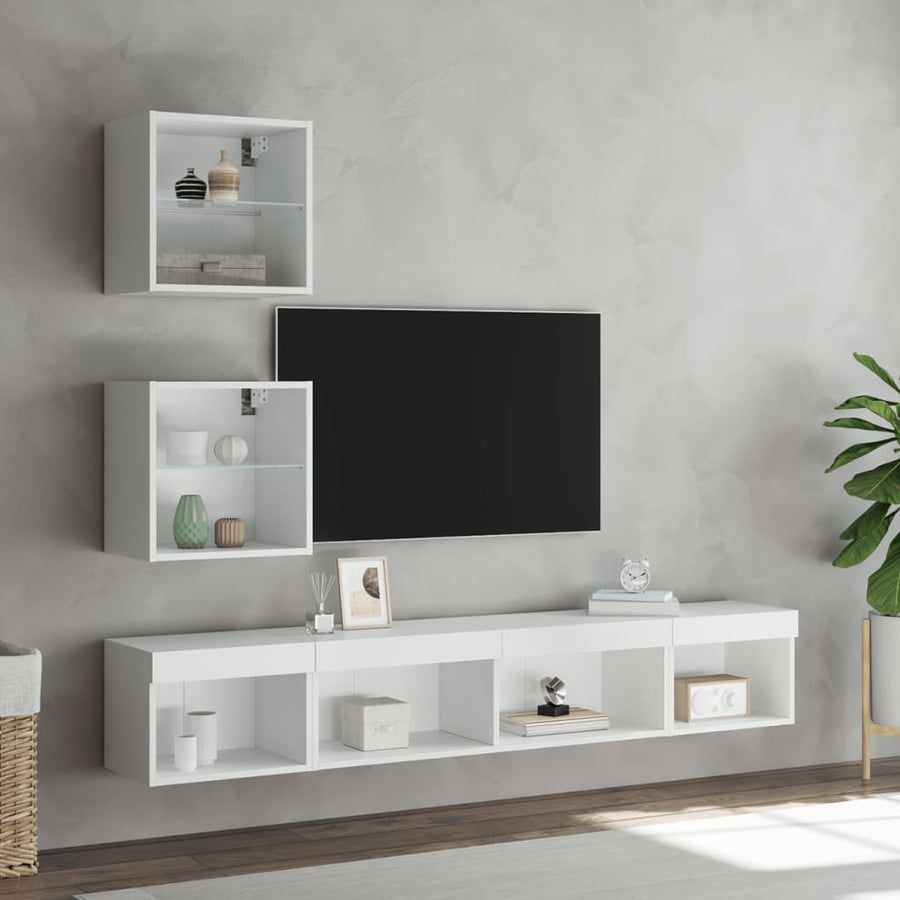 5-Delige Tv-Wandmeubelset Met Led-Verlichting Bewerkt Hout Wit
