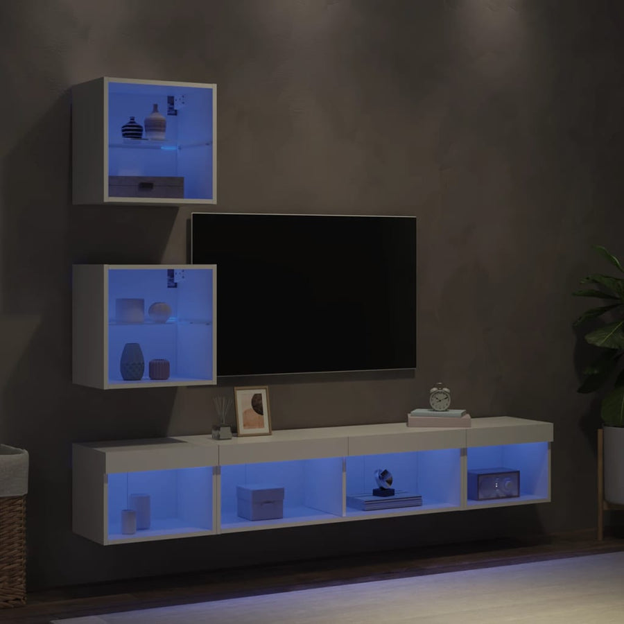 5-Delige Tv-Wandmeubelset Met Led-Verlichting Bewerkt Hout Wit
