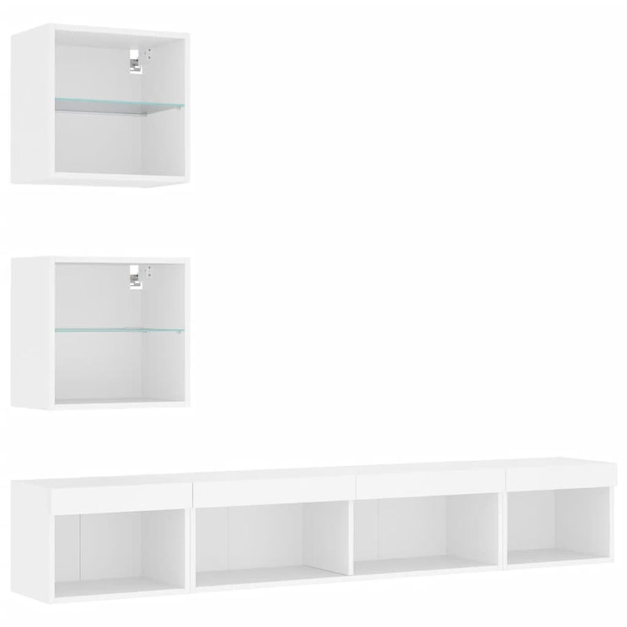 5-Delige Tv-Wandmeubelset Met Led-Verlichting Bewerkt Hout Wit