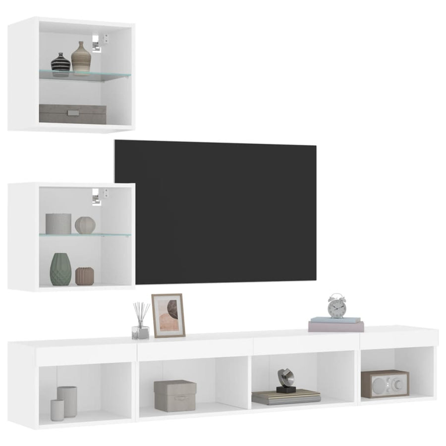 5-Delige Tv-Wandmeubelset Met Led-Verlichting Bewerkt Hout Wit