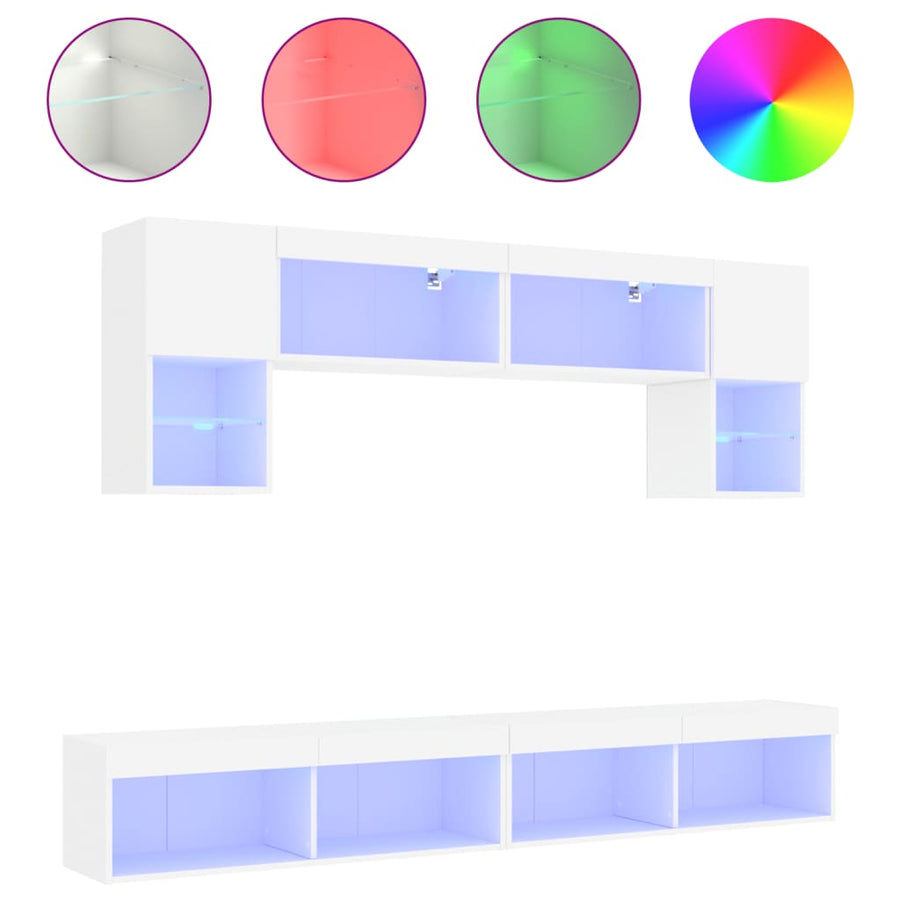6-Delige Tv-Wandmeubelset Met Led-Verlichting Bewerkt Hout Wit