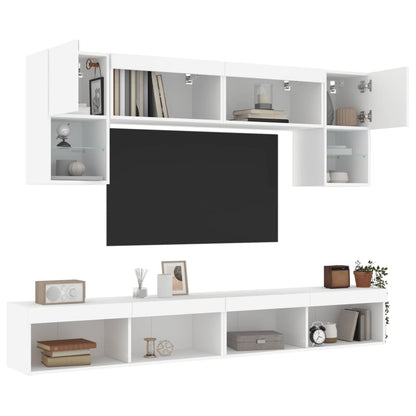6-Delige Tv-Wandmeubelset Met Led-Verlichting Bewerkt Hout Wit