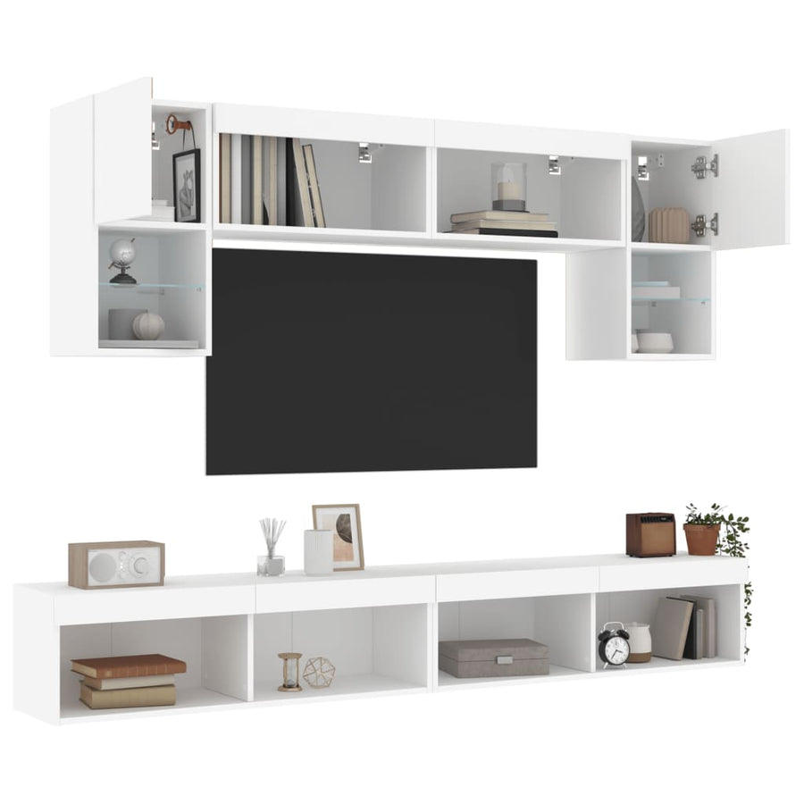 6-Delige Tv-Wandmeubelset Met Led-Verlichting Bewerkt Hout Wit