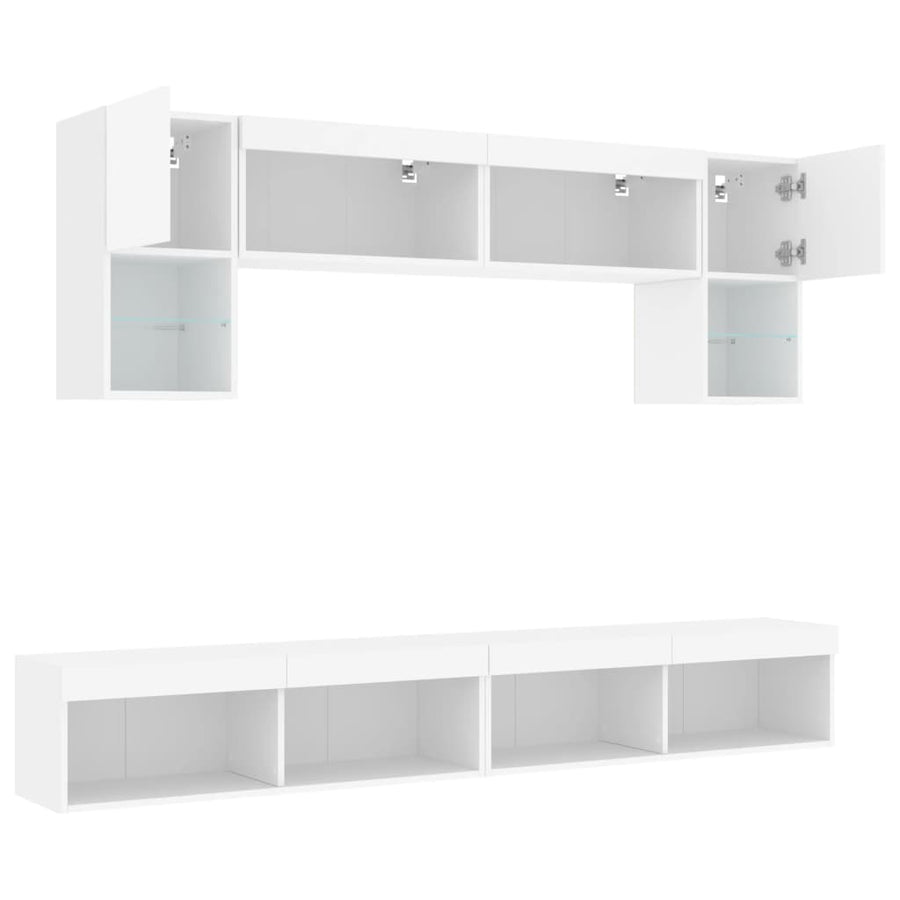 6-Delige Tv-Wandmeubelset Met Led-Verlichting Bewerkt Hout Wit