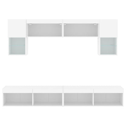 6-Delige Tv-Wandmeubelset Met Led-Verlichting Bewerkt Hout Wit