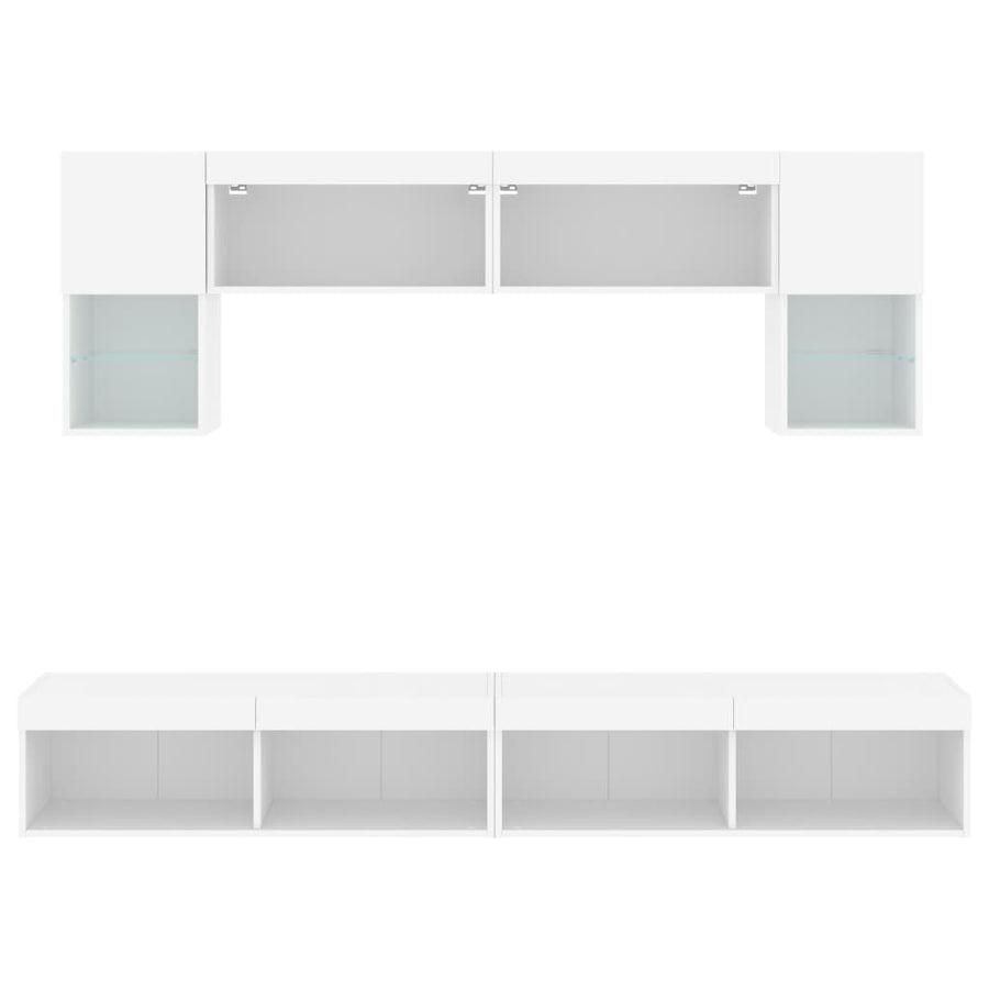 6-Delige Tv-Wandmeubelset Met Led-Verlichting Bewerkt Hout Wit