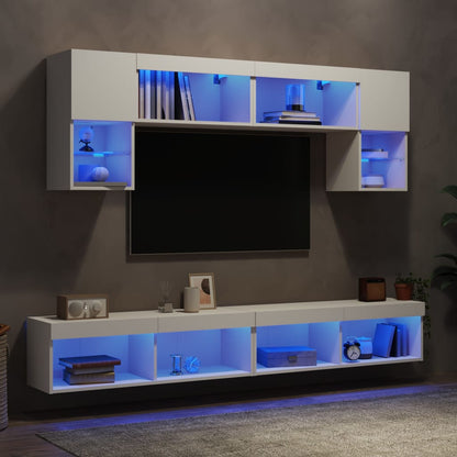 6-Delige Tv-Wandmeubelset Met Led-Verlichting Bewerkt Hout Wit
