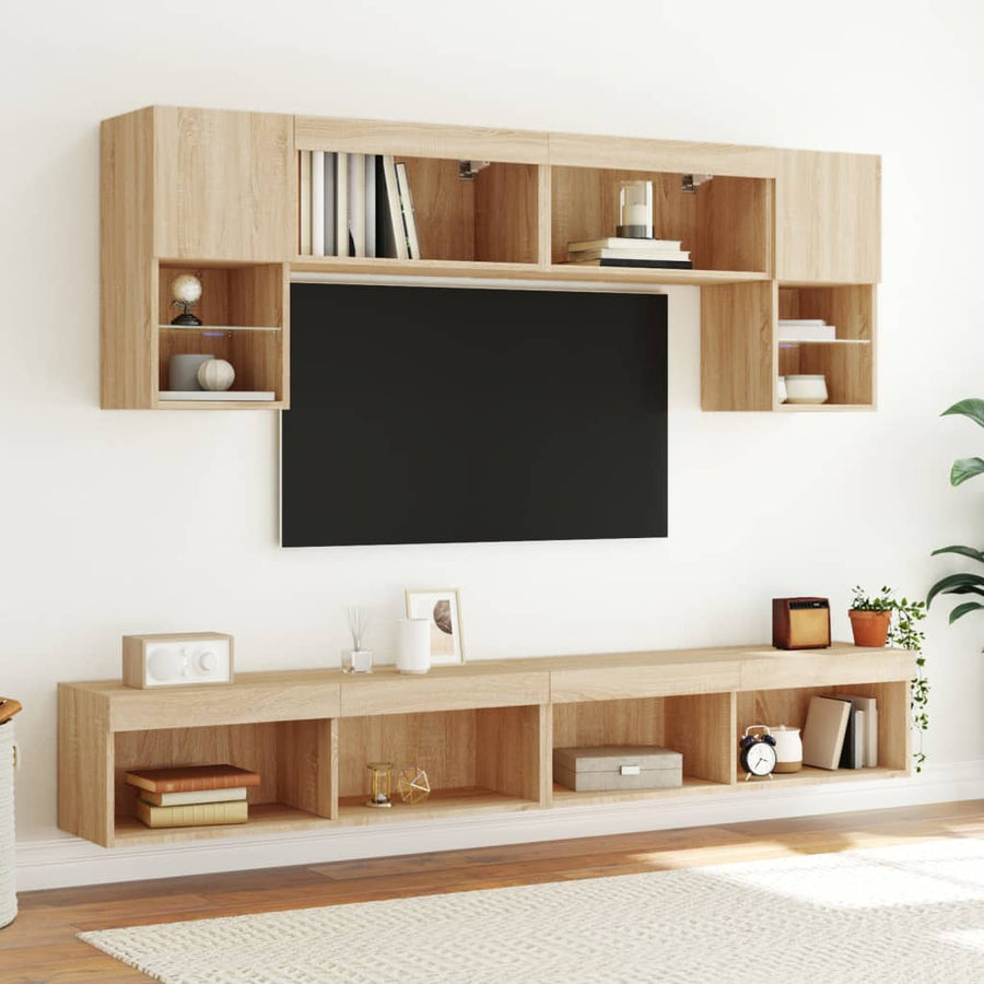 6-Delige Tv-Wandmeubelset Met Led Bewerkt Hout Sonoma eiken