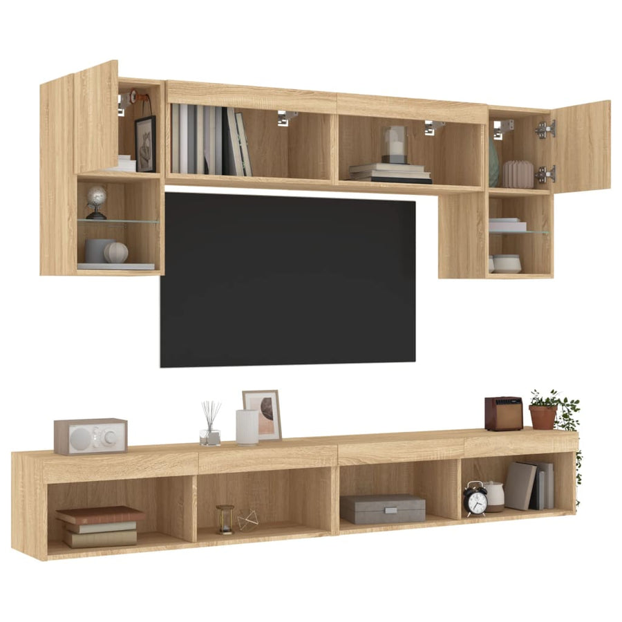 6-Delige Tv-Wandmeubelset Met Led Bewerkt Hout Sonoma eiken