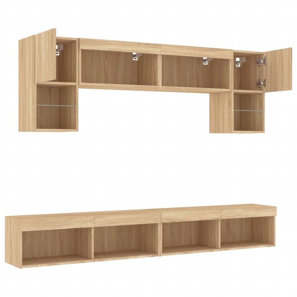 6-Delige Tv-Wandmeubelset Met Led Bewerkt Hout Sonoma eiken
