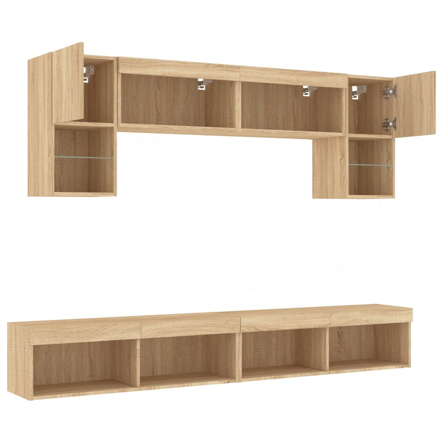 6-Delige Tv-Wandmeubelset Met Led Bewerkt Hout Sonoma eiken