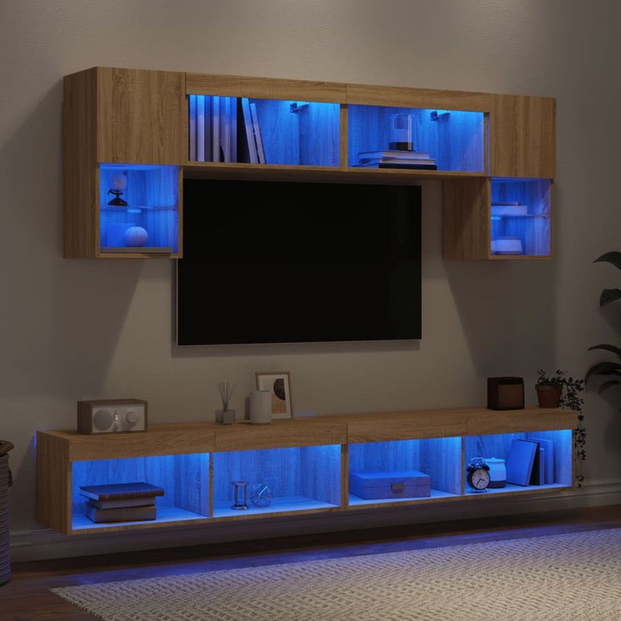 6-Delige Tv-Wandmeubelset Met Led Bewerkt Hout Sonoma eiken