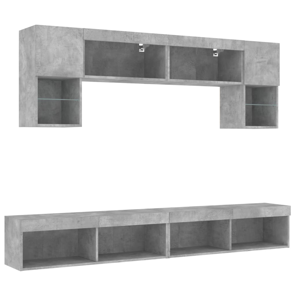 6-Delige Tv-Wandmeubelset Met Led Bewerkt Hout Betongrijs