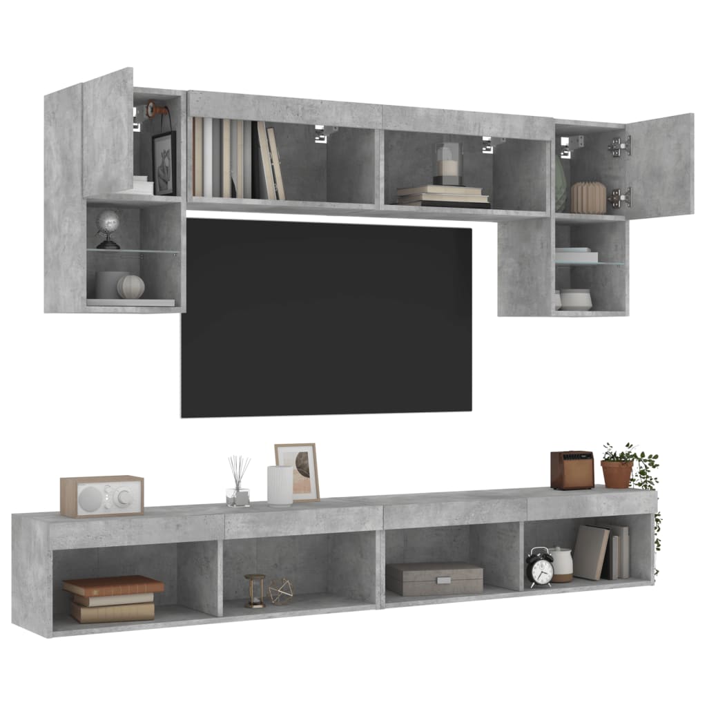 6-Delige Tv-Wandmeubelset Met Led Bewerkt Hout Betongrijs
