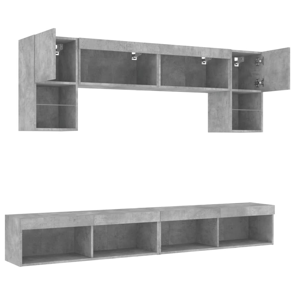 6-Delige Tv-Wandmeubelset Met Led Bewerkt Hout Betongrijs