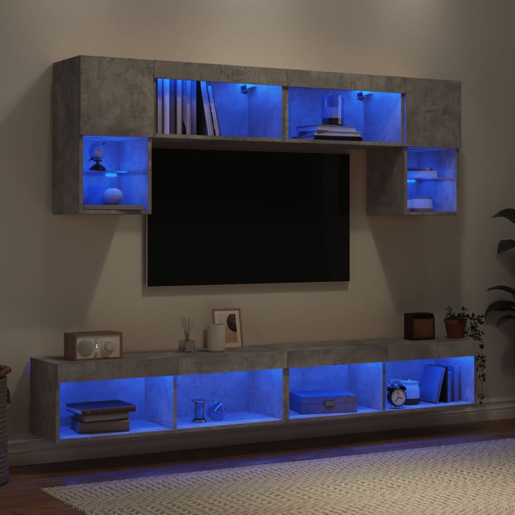 6-Delige Tv-Wandmeubelset Met Led Bewerkt Hout Betongrijs